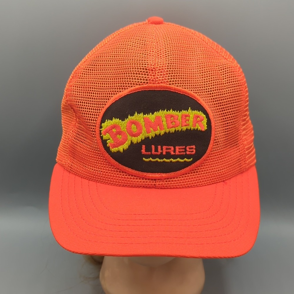 NOS Rare Vintage BOMBER LURES Fishing Hat Cap Orange Full Mesh Large DeLong USA